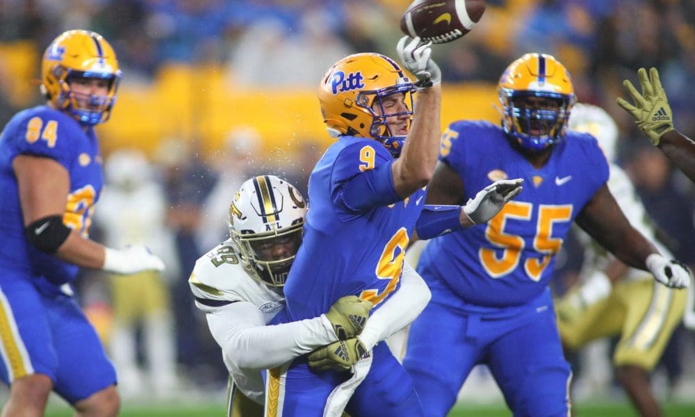 Kedon Slovis taking a sack as Pitt lost to Georgia Tech, 26-21.