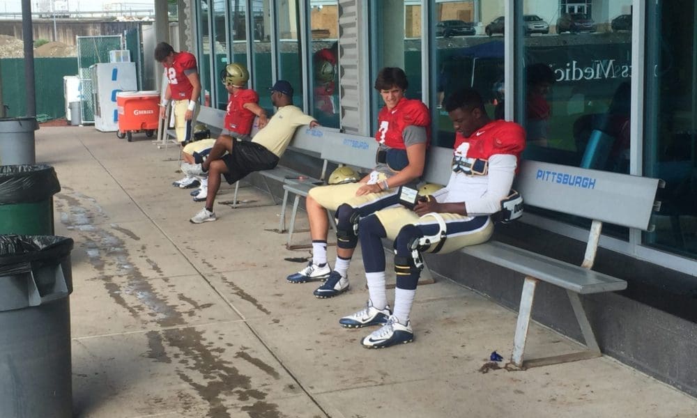 Pitt QBs with WRs coach Kevin Sherman (Photo credit: Alan Saunders)