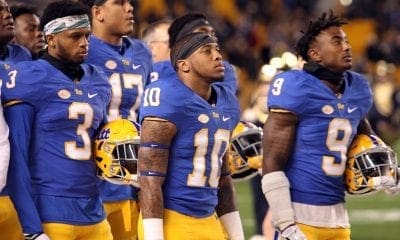 Damar Hamlin (3) Quadree Henderson (10) Jordan Whitehead (9) stand during the national anthem before taking on North Carolina at Heinz Field on November 9, 2017 in Pittsburgh, Pennsylvania. -- DAVID HAGUE