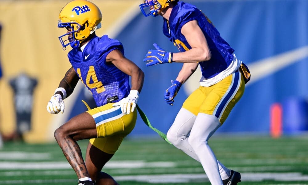 Pitt wide receiver Andy Jean (14) enters the transfer portal after three months with the program. March 13, 2025 / Ed Thompson. PSN.