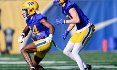 Pitt wide receiver Andy Jean (14) enters the transfer portal after three months with the program. March 13, 2025 / Ed Thompson. PSN.