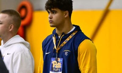 Central Catholic 2026 edge rusher and key Pitt target Ashton Blatt takes in a spring practice. April 10, 2025 / Ed Thompson. PSN.