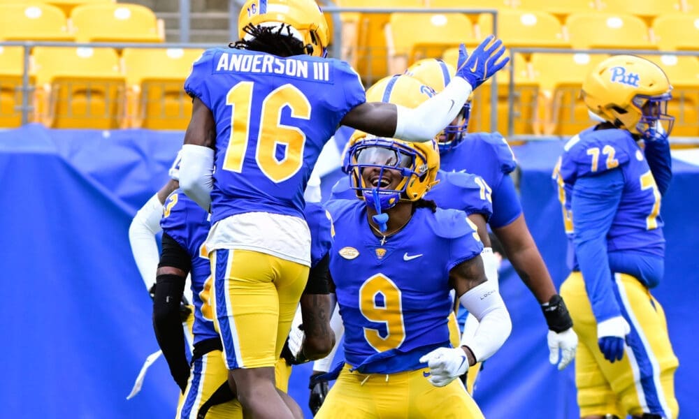 Pitt football's Jesse Anderson (16) and Kyle Louis (9) celebrate Zion Fowler-El's touchdown grab in the spring game. April 12, 2025 / Ed Thompson. PSN.