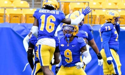 Pitt football's Jesse Anderson (16) and Kyle Louis (9) celebrate Zion Fowler-El's touchdown grab in the spring game. April 12, 2025 / Ed Thompson. PSN.