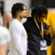 Brian Stovall (left) takes in Pitt practice with teammate and commit Marcus Jennings (right)/ April 3, 2025 / Ed Thompson. PSN.