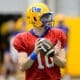 Pitt quarterback Eli Holstein looks downfield during spring practice on April 3, 2025 / Ed Thompson. PSN.