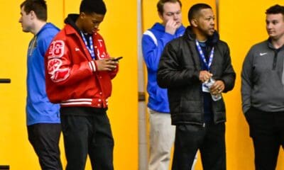 Three-star defensive back Isaiah McMillian (left) at Pitt practice on April 8, 2025 -- Ed Thompson / PSN