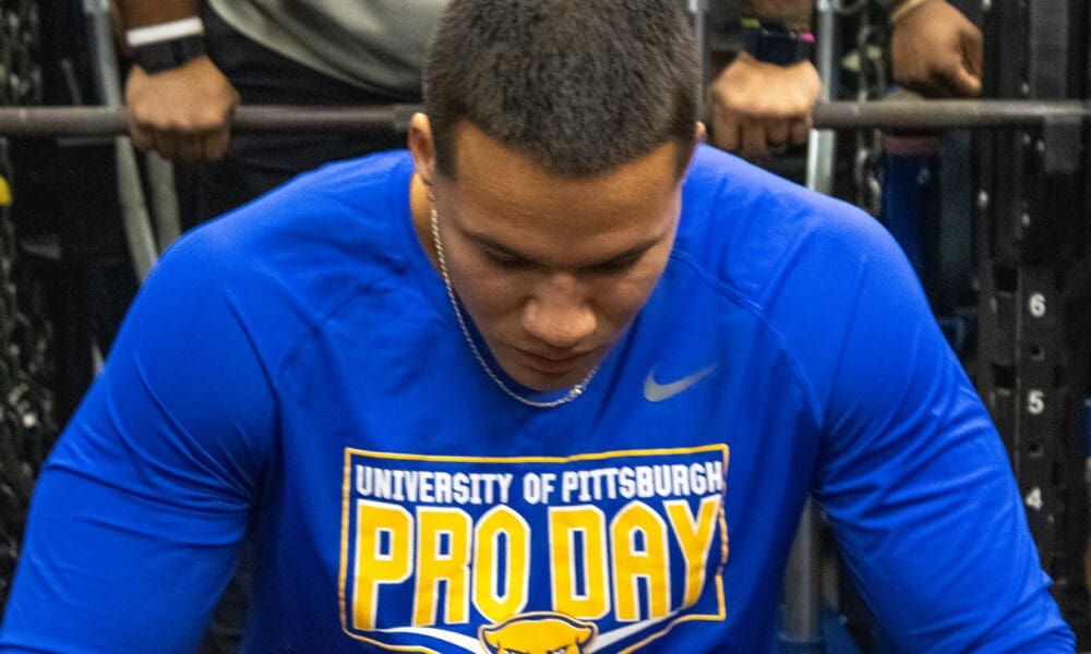 Pitt linebacker Brandon George prepares for the bench press at Pitt Pro Day / Nathan Breisinger. PSN.