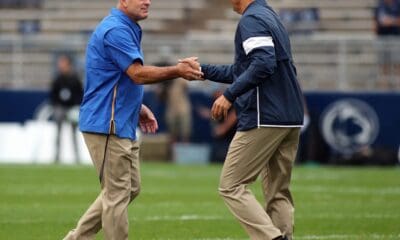 Pitt football head coach Pat Narduzzi and Penn State football head coach James Franklin shake hands