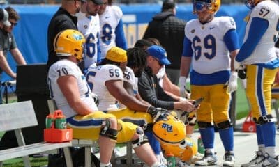 Pitt football's offensive line with coach Jeremy Darveau. April 13, 2024 // David Hague. PSN.