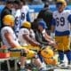 Pitt football's offensive line with coach Jeremy Darveau. April 13, 2024 // David Hague. PSN.