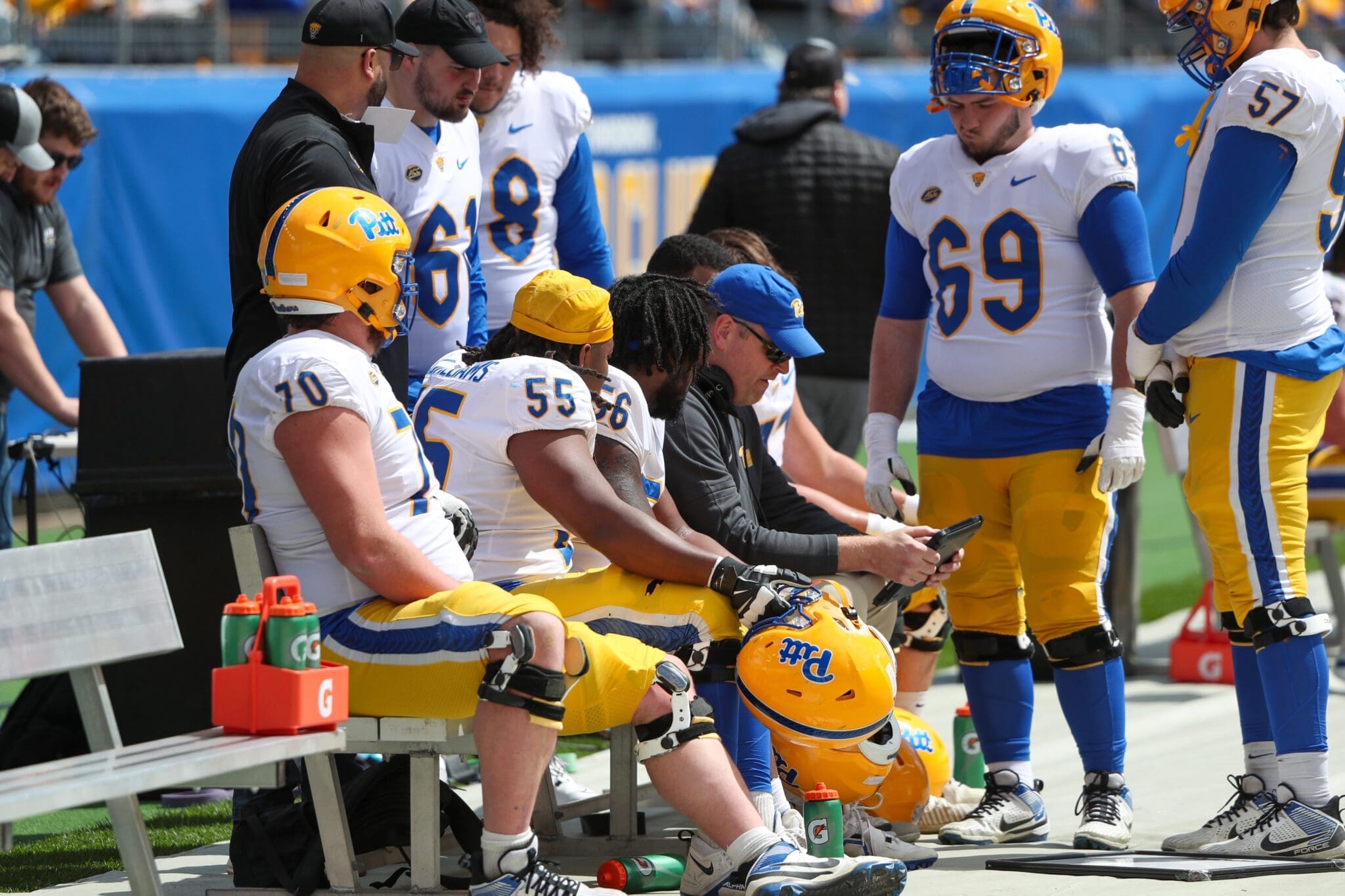 Pitt football's offensive line with coach Jeremy Darveau. April 13, 2024 // David Hague. PSN.