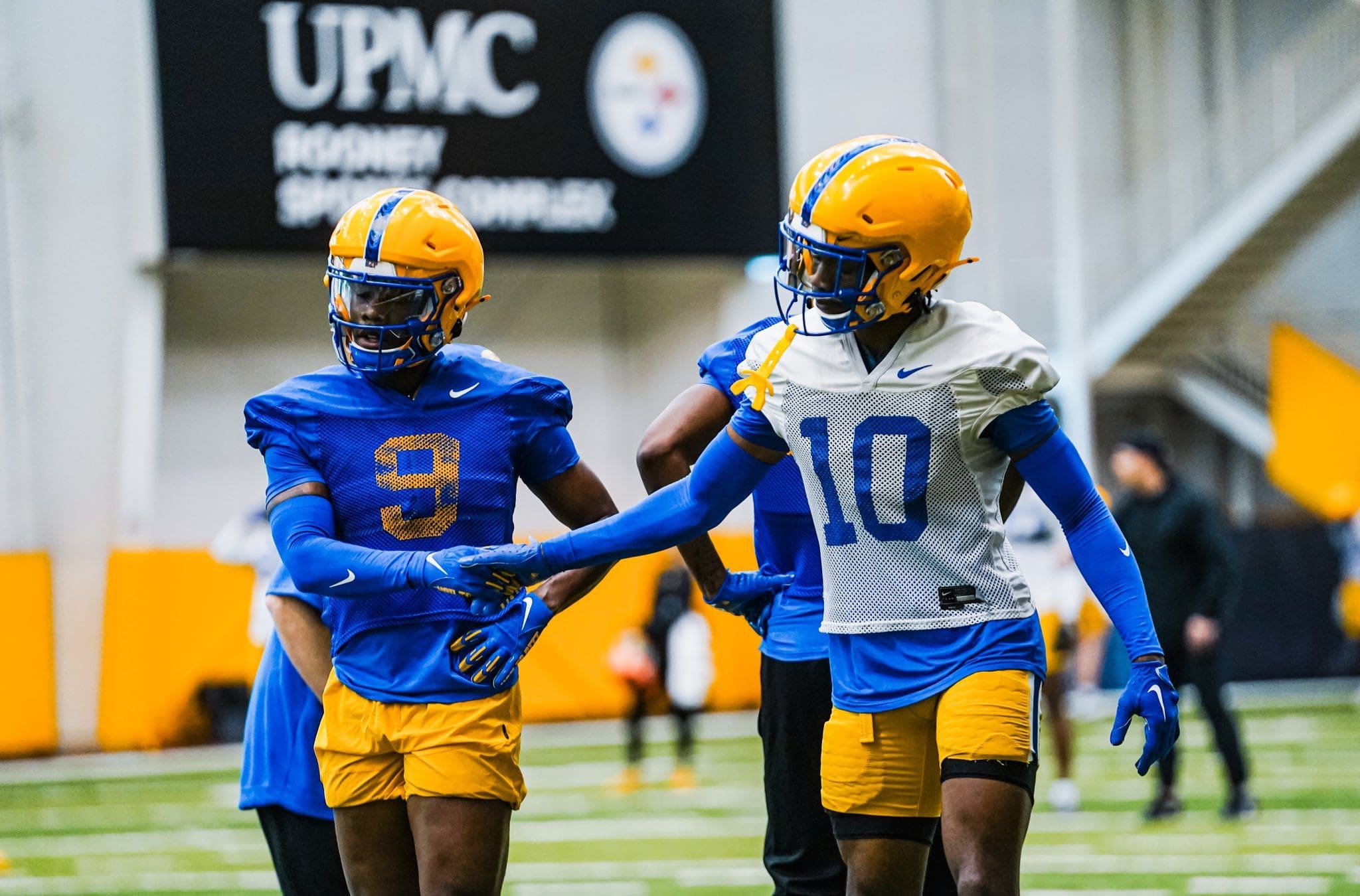 Pitt football wide receiver Konata Mumpfield and cornerback Ryland Gandy.