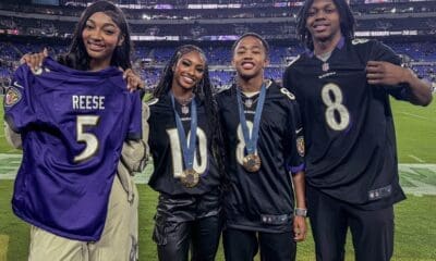 Bub Carrington and Angel Reese, two Baltimore natives who both played for St. Frances Academy in Baltimore, Maryland, were honored on the field ahead of the Ravens game.