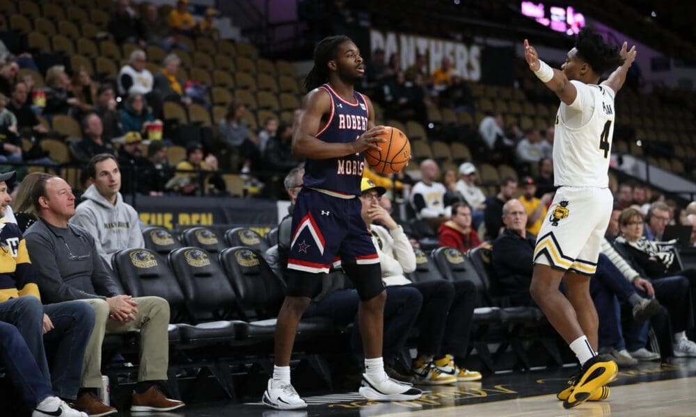 Robert Morris guard Josh Omojafo looks to inbound the ball in a game against Milwaukee on Jan. 19, 2025 -- RMU Athletics