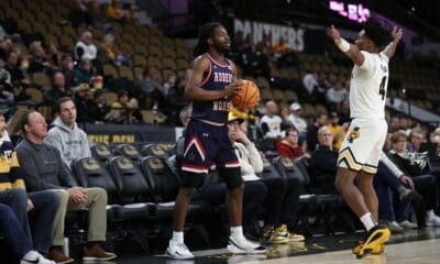 Robert Morris guard Josh Omojafo looks to inbound the ball in a game against Milwaukee on Jan. 19, 2025 -- RMU Athletics
