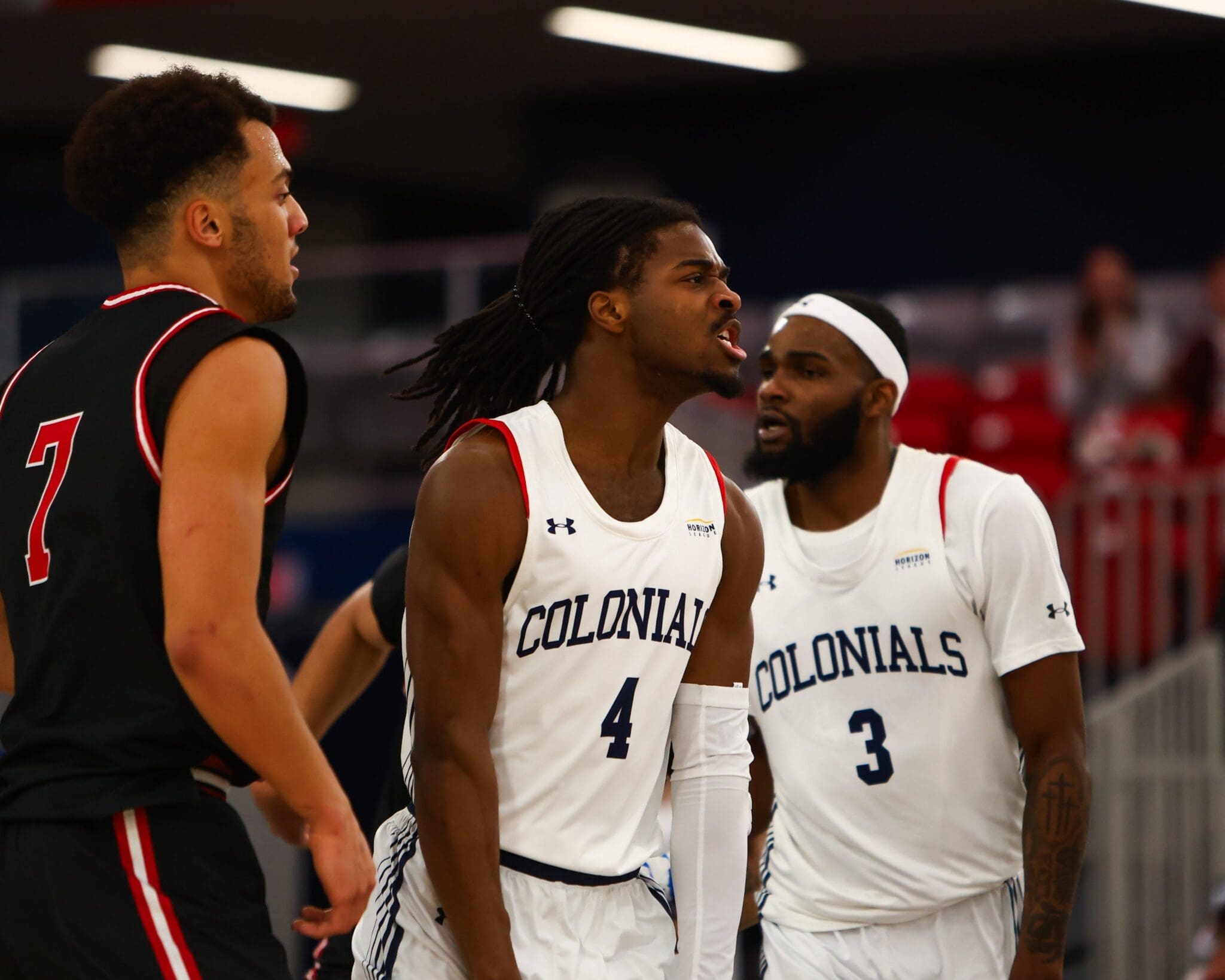 Robert Morris guard Josh Omojafo celebrates after a dunk against IU-Indy on Jan. 30, 2025 -- RMU Athletics