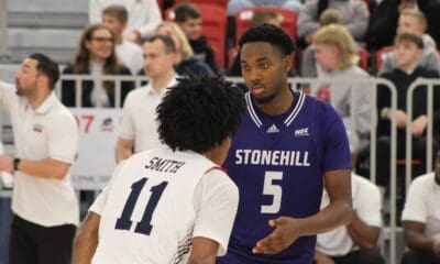 Robert Morris basketball: DJ Smith guards Stinson from Stonehill in the Robert Morris MTE on November 14.