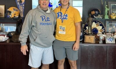 Pitt head coach Pat Narduzzi next to Class of 2025, Maryland defensive end Kamden Laudenslager