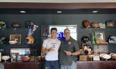 Pittsburgh Central Catholic Class of 2026 Colsen Gatten with Pitt head coach Pat Narduzzi, who offered the recruit