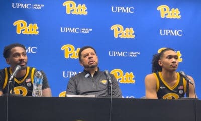 Pitt head coach Jeff Capel, Jaland Lowe and Zack Austin.