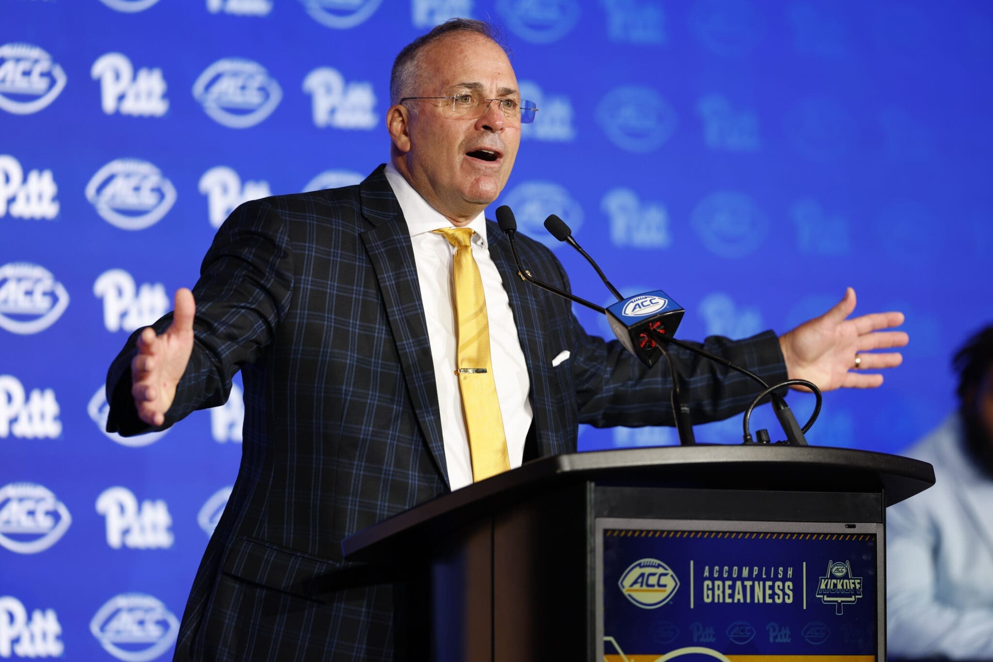 Pitt head coach Pat Narduzzi speaks to the media at the 2025 ACC Kickoff in Charlotte, N.C., Wednesday, July 23, 2025. (Photo by Nell Redmond/ACC)