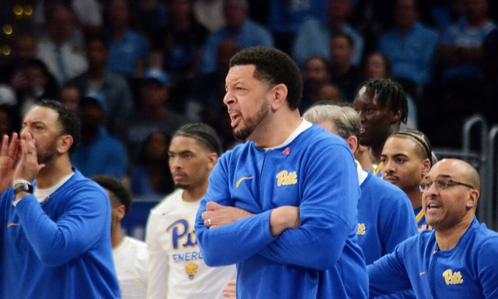 Pitt coach Jeff Capel calls out to his team in the ACC Tournament semifinals on Friday, March 15, 2024 at Capital One Arena in Washington, D.C. (Mitchell Northam / Pittsburgh Sports Now)