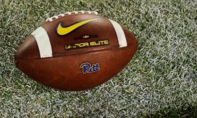 A Pitt football lays on the turf on Saturday, Sept. 30, 2023 in Blacksburg, Virginia. (Mitchell Northam / Pittsburgh Sports Now.) College Football / Signing Period. NCAA.