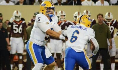 Pitt QB Phil Jurkovec hands off to Rodney Hammond Jr. against Virginia Tech on Saturday, Sept. 30, 2023 in Blacksburg, Virginia. (Mitchell Northam / Pittsburgh Sports Now.) Narduzzi.
