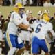 Pitt QB Phil Jurkovec hands off to Rodney Hammond Jr. against Virginia Tech on Saturday, Sept. 30, 2023 in Blacksburg, Virginia. (Mitchell Northam / Pittsburgh Sports Now.) Narduzzi.