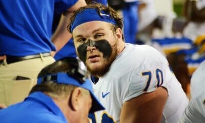 Pitt offensive lineman Ryan Baer listens to his coaches as the Panthers play Virginia Tech on Saturday, Sept. 30, 2023 in Blacksburg, Virginia. (Mitchell Northam / Pittsburgh Sports Now.)