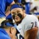Pitt offensive lineman Ryan Baer listens to his coaches as the Panthers play Virginia Tech on Saturday, Sept. 30, 2023 in Blacksburg, Virginia. (Mitchell Northam / Pittsburgh Sports Now.)