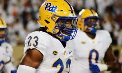 Pitt linebacker Solomon DeShields jogs off the field after a defensive series against Virginia Tech on Saturday, Sept. 30, 2023 in Blacksburg, Virginia. (Mitchell Northam / Pittsburgh Sports Now.)