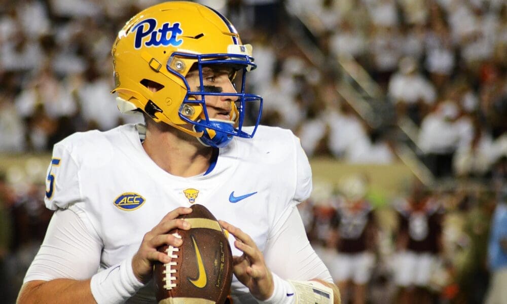 Pitt QB Phil Jurkovec drops back to pass against Virginia Tech on Saturday, Sept. 30, 2023 in Blacksburg, Virginia. (Mitchell Northam / Pittsburgh Sports Now.)