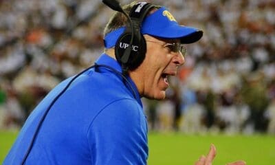 Pitt coach Pat Narduzzi claps after the Panthers score against Virginia Tech on Saturday, Sept. 30, 2023 in Blacksburg, Virginia. (Mitchell Northam / Pittsburgh Sports Now.)
