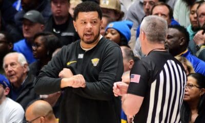 Jeff Capel pleads his case with a ref as Pitt plays Duke on Jan. 20, 2024 at Cameron Indoor Stadium in Durham, N.C. (Mitchell Northam / Pittsburgh Sports Now)