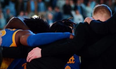 Pitt's basketball team huddles before playing against North Carolina on Wednesday, Feb. 1, 2023 in Chapel Hill. (Mitchell Northam / Pittsburgh Sports Now)