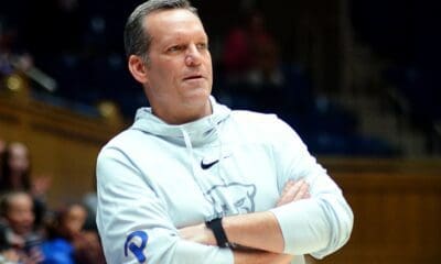 Pitt women's basketball coach Lance White watches his team play against Duke on Feb. 2, 2023 in Durham, N.C. (Mitchell Northam / Pittsburgh Sports Now)