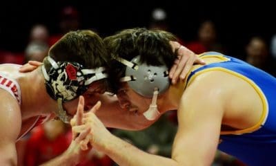 N.C. State's Isaac Trumble wrestles with Pitt's Nino Bonaccorsi on Friday, Feb. 10, 2023. (Mitchell Northam / Pittsburgh Sports Now)