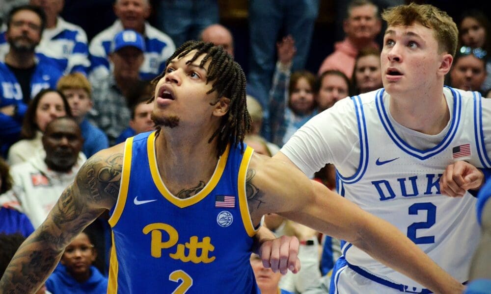 Pitt forward Cameron Corhen boxes out Duke star Cooper Flagg on Jan. 7, 2025, in Cameron Indoor Stadium in Durham, N.C. (Mitchell Northam / Pittsburgh Sports Now)