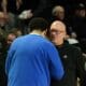Pitt coach Jeff Capel speaks with Wake Forest coach Steve Forbes before playing against Wake Forest on Tuesday, Feb. 20, 2024, in Winston-Salem, N.C. (Mitchell Northam / Pittsburgh Sports Now)