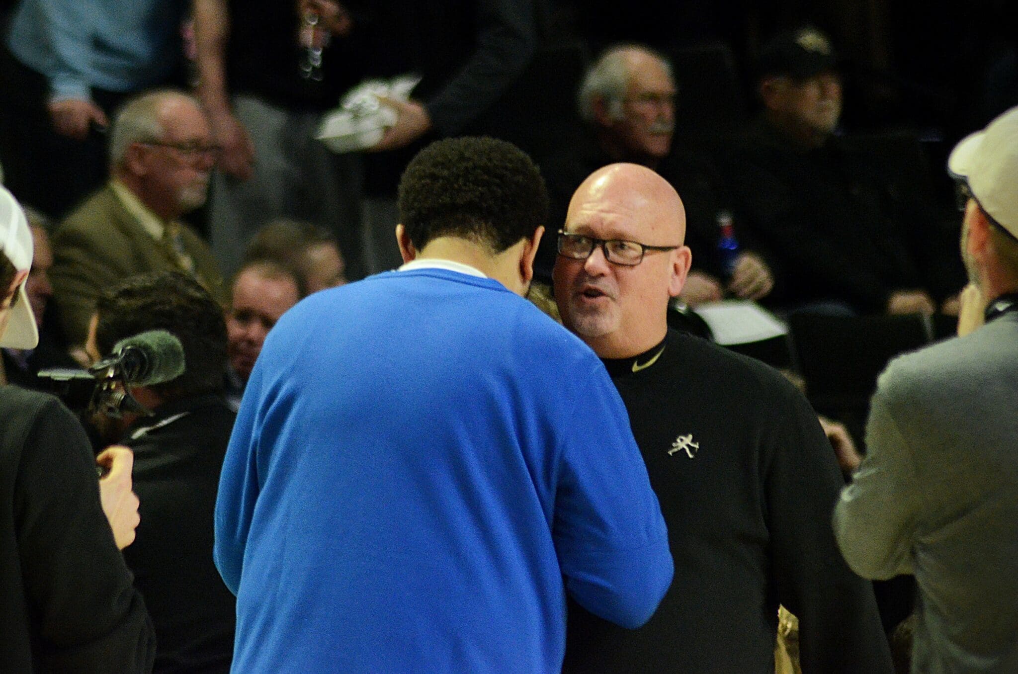 Pitt coach Jeff Capel speaks with Wake Forest coach Steve Forbes before playing against Wake Forest on Tuesday, Feb. 20, 2024, in Winston-Salem, N.C. (Mitchell Northam / Pittsburgh Sports Now)