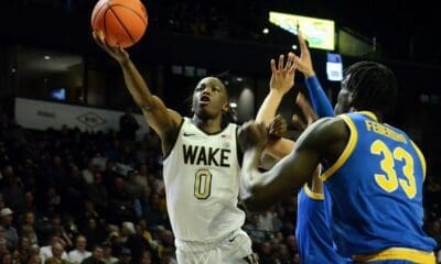 Wake Forest's Kevin "Boopie" Miller drives against Pitt on Tuesday, Feb. 20, 2024, in Winston-Salem, N.C. (Mitchell Northam / Pittsburgh Sports Now)