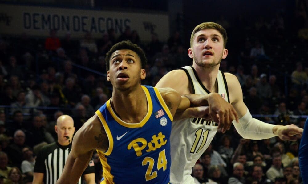 Pitt's William Jeffress boxes out Wake Forest's Andrew Carr on Tuesday, Feb. 20, 2024, in Winston-Salem, N.C. (Mitchell Northam / Pittsburgh Sports Now)