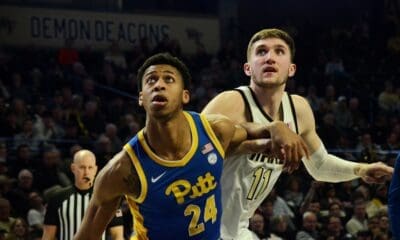 Pitt's William Jeffress boxes out Wake Forest's Andrew Carr on Tuesday, Feb. 20, 2024, in Winston-Salem, N.C. (Mitchell Northam / Pittsburgh Sports Now)