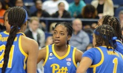 Pitt players huddle during a break in play against Clemson in the 2023 ACC Tournament in Greensboro. (Mitchell Northam / Pittsburgh Sports Now)