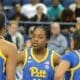 Pitt players huddle during a break in play against Clemson in the 2023 ACC Tournament in Greensboro. (Mitchell Northam / Pittsburgh Sports Now)