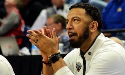 Jason Capel watches during Pitt's ACC Tournament game vs. Georgia Tech in Greensboro, N.C. on March 8, 2023. (Mitchell Northam / Pittsburgh Sports Now)