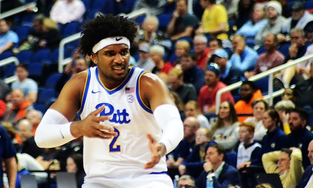 Blake Hinson celebrates a 3-pointer during Pitt's ACC Tournament game vs. Georgia Tech in Greensboro, N.C. on March 8, 2023. (Mitchell Northam / Pittsburgh Sports Now)