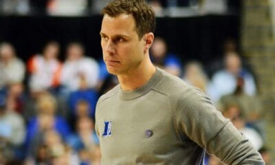 Blue Devils coach Jon Scheyer as Pitt faces Duke in the ACC Tournament quarterfinals in Greensboro, N.C. on March 9, 2023. (Mitchell Northam / Pittsburgh Sports Now)